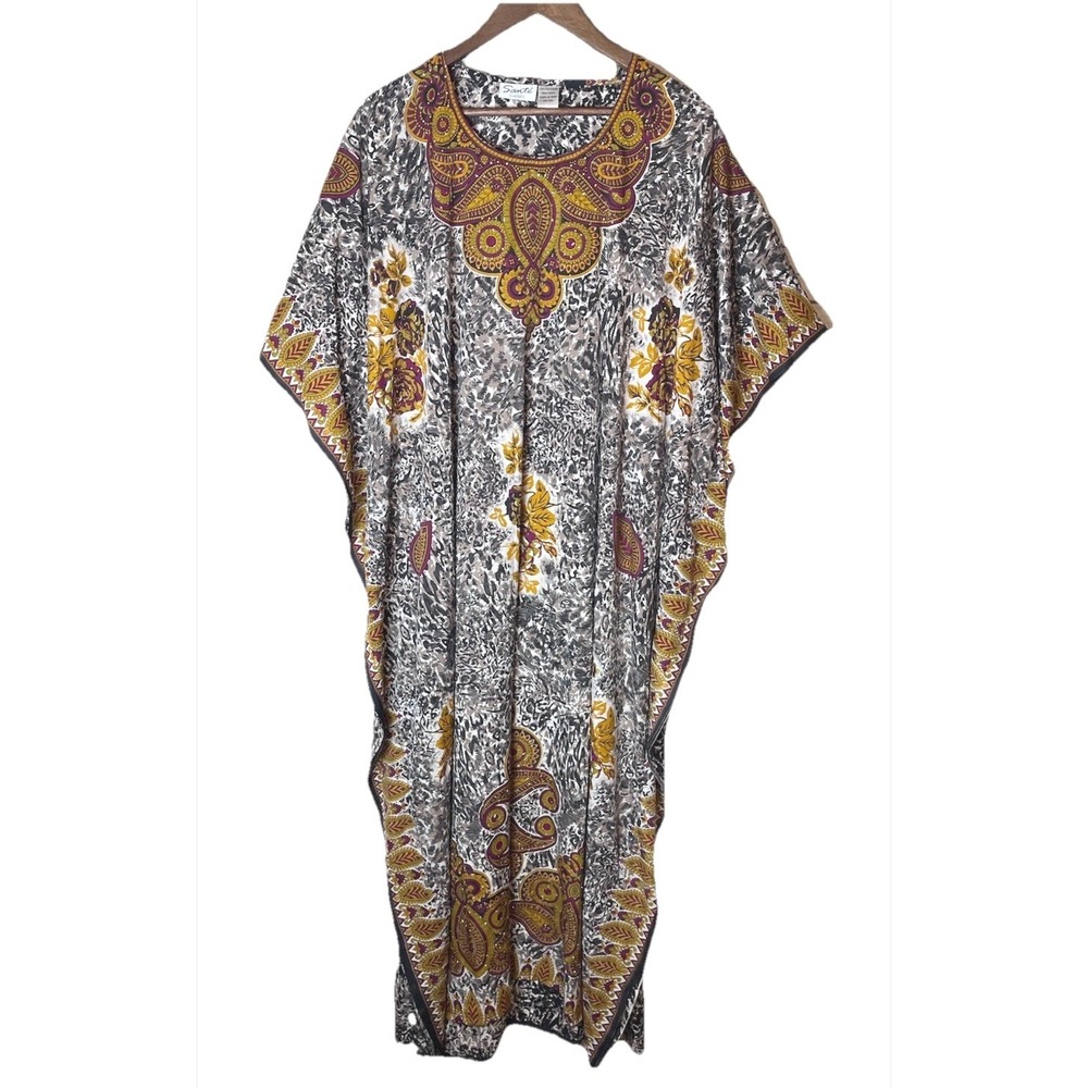 Sante Classics Womens Kaftan Maxi Dress Paisley Animal Print OS Black White Gold
